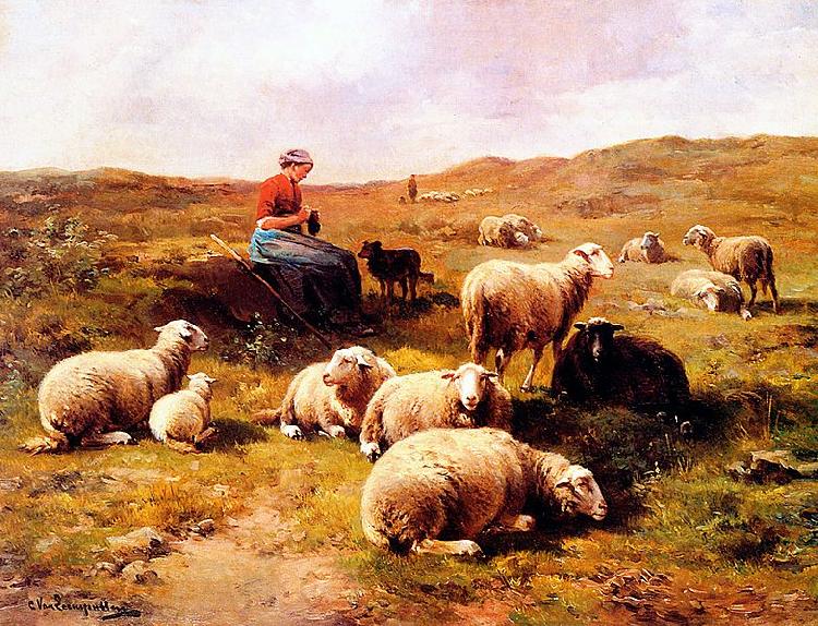 Cornelis Van Leemputten A shepherdess with her flock Spain oil painting art
